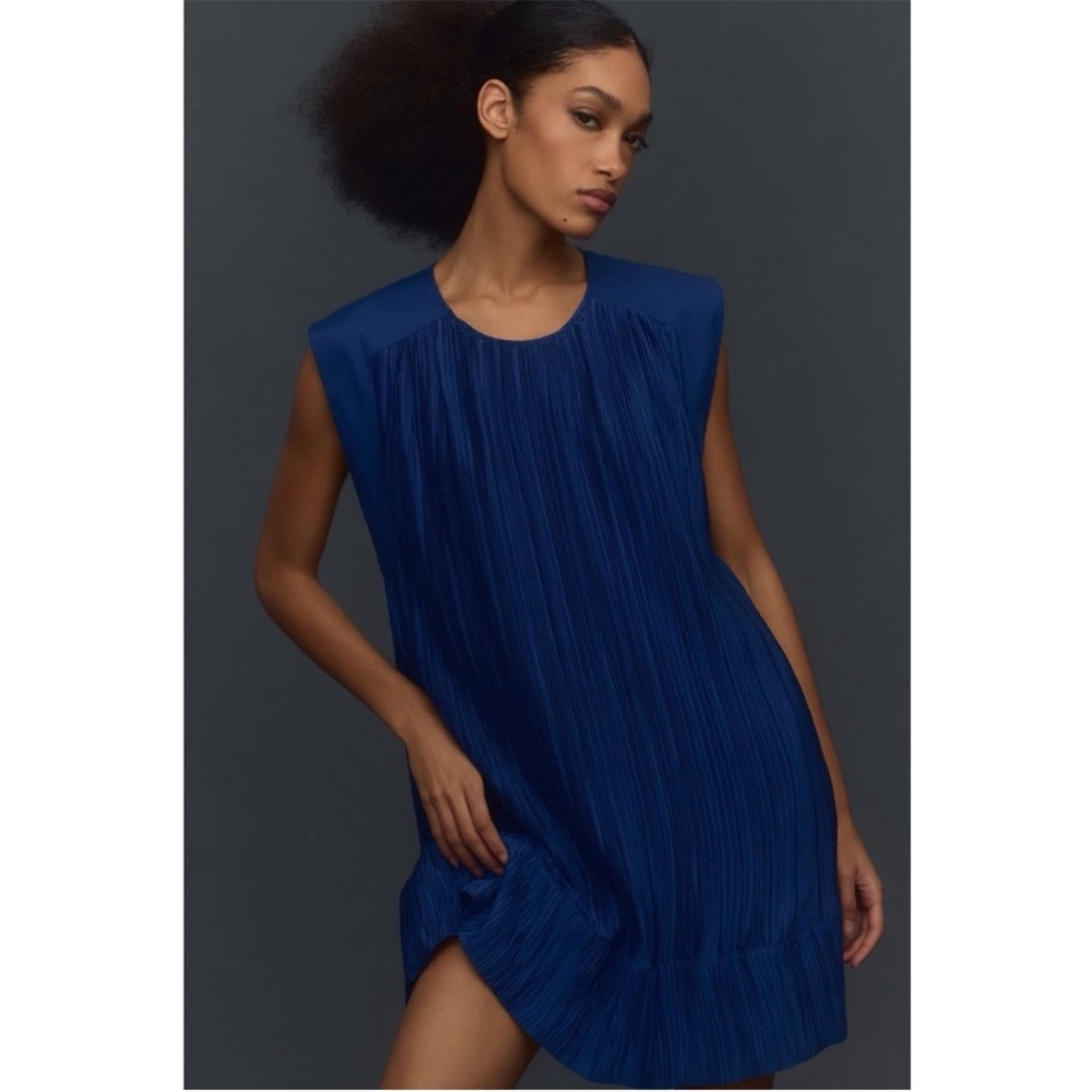 Anthropologie Cap-Sleeve Plissé Mini Dress Blue Size XS